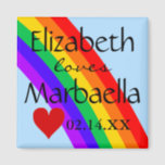 LGBT Rainbow and Heart Magnet<br><div class="desc">Great for a Civil Union "Save the date" or just because you love your partner! A colorful rainbow, red heart and your names with a date. Makes a wonderful gift for someone special or use as a wedding , "civil union" reception favor. To see more super cool products- Please visit...</div>