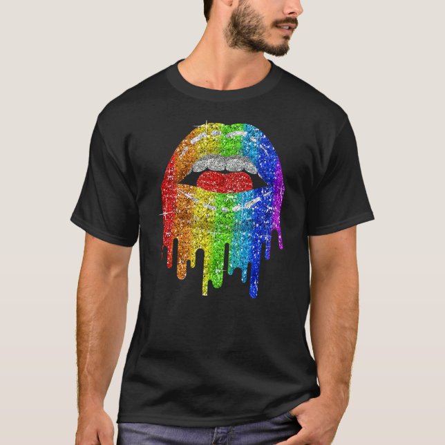 Lgbt Rainbow Bling  Lips Pride Gay Bisexual Lesbia T-Shirt (Front)