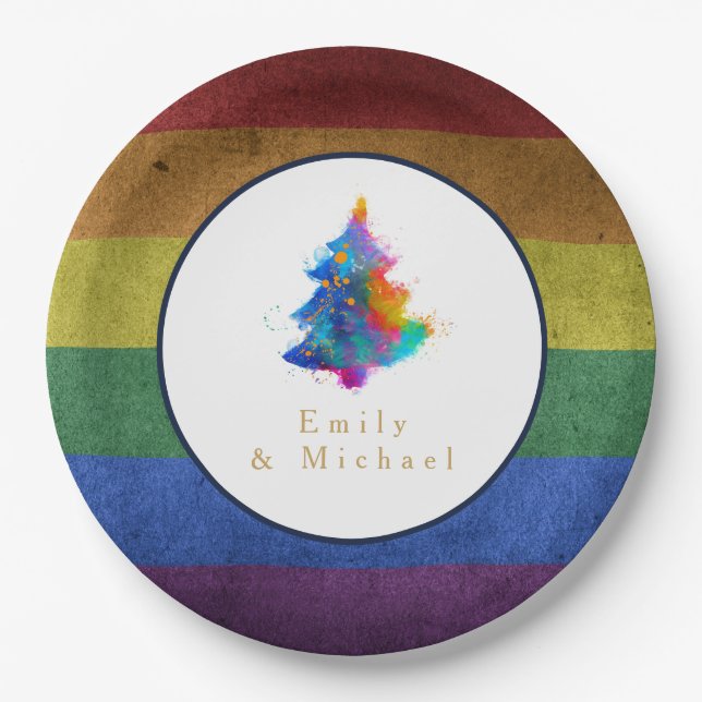 LGBT Rainbow Christmas Tree Custom Gay Pride Flag Paper Plates (Front)
