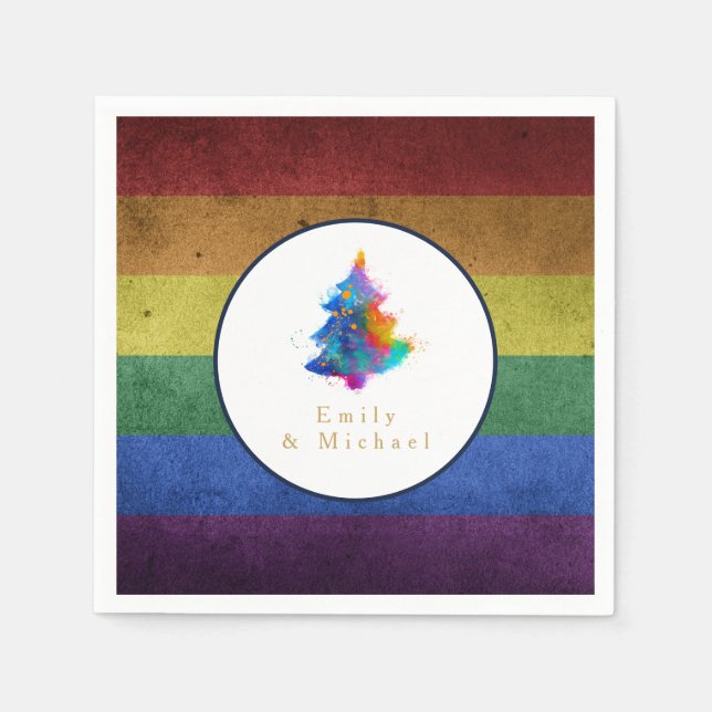 LGBT Rainbow Christmas Tree Party Gay Pride Flag Napkins (Front)
