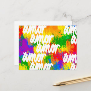 LGBT Rainbow color brushstrokes Amor calligraphy P Postcard