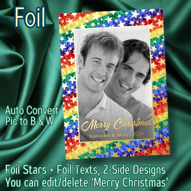LGBT Rainbow Flag Gold Stars Black and White Photo Foil Holiday Card (Creator Uploaded)