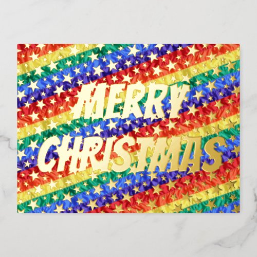 LGBT rainbow flag stars Merry Christmas typography Foil Holiday Postcard