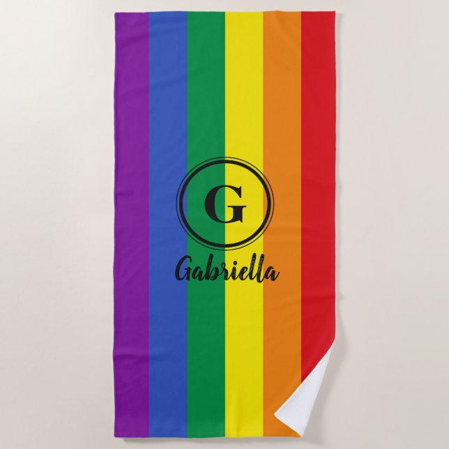 LGBT Rainbow Gay Pride Flag Black Custom Monogram Beach Towel (Front)