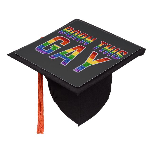 LGBT Rainbow Glitter Born This Gay Graduation Cap Topper (Angled)