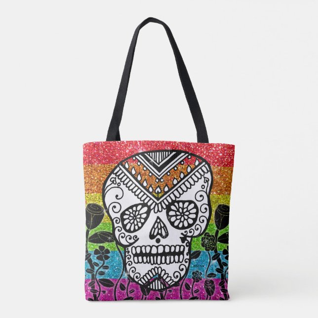 LGBT Rainbow Glitter Sugar Skull Black Flower Tote Bag (Back)