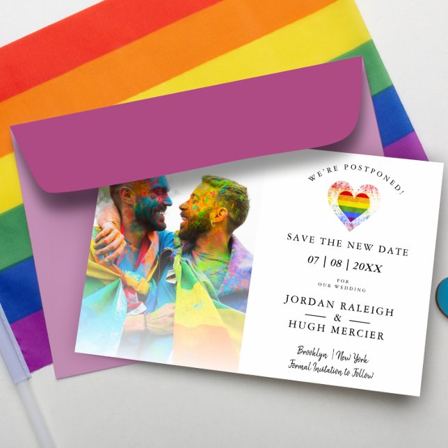 LGBT Rainbow Heart Save New Date Postponed Wedding Postcard