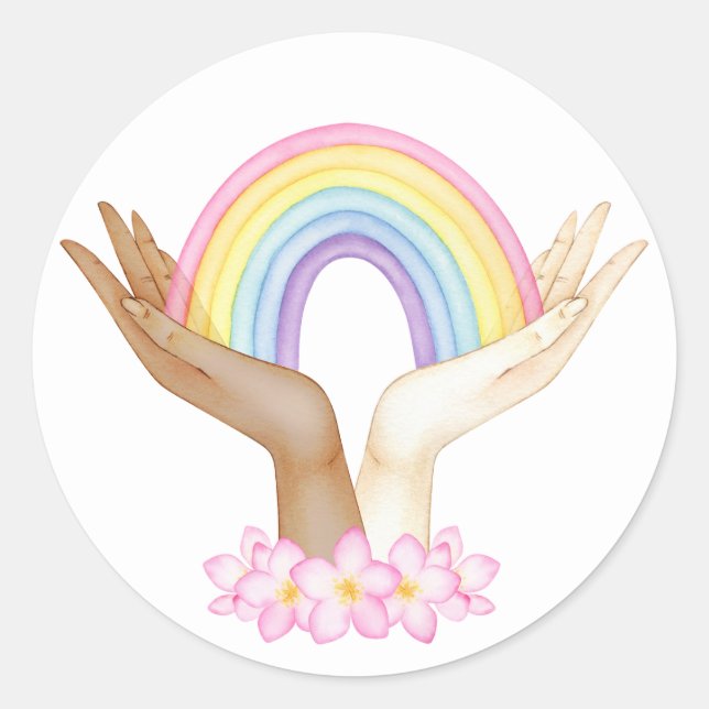 LGBT Rainbow on Hands Classic Round Sticker (Front)