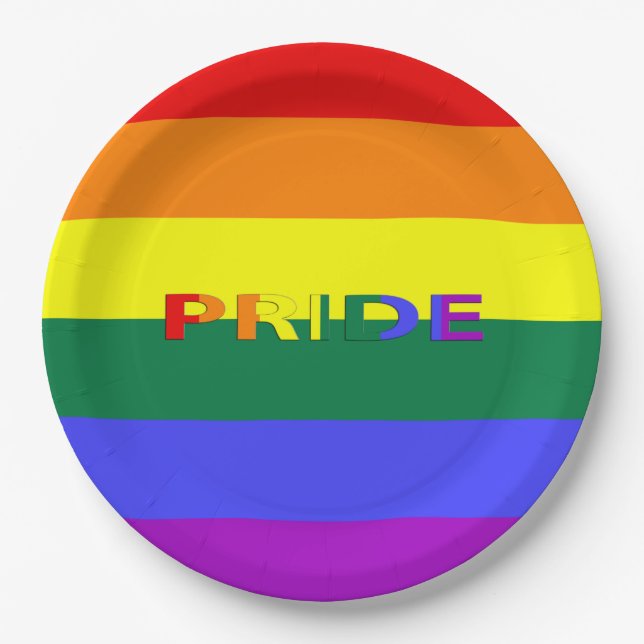 LGBT Rainbow Pride Flag & Word 9" Paper Plates (Front)