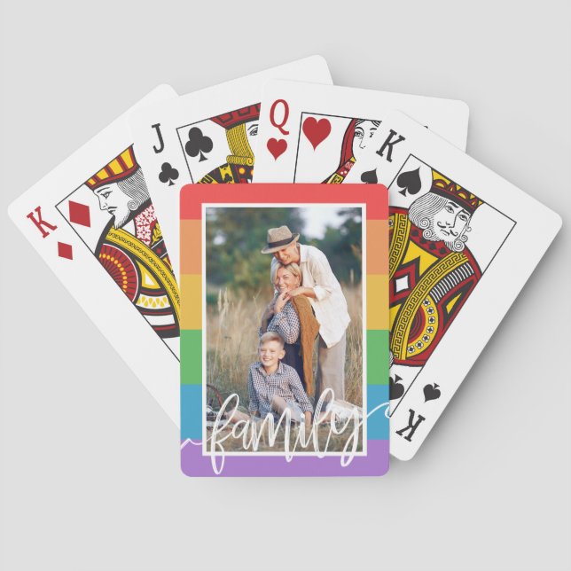 LGBT Rainbow Stripes Family Brush Script Photo Poker Cards (Back)