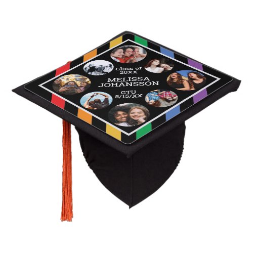 LGBT Rainbow Stripes Photo Collage Black Custom Graduation Cap Topper