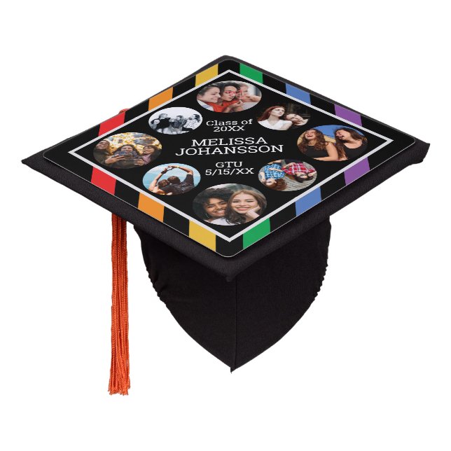 LGBT Rainbow Stripes Photo Collage Black Custom Graduation Cap Topper (Angled)