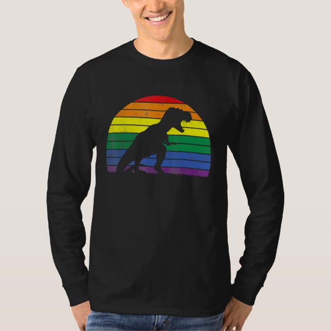 LGBT Rex Gay Pride Lesbian Dinosaur Sunset Retro V T-Shirt (Front)