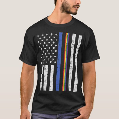 LGBT Thin Blue Line Rainbow American Flag Gay Poli T_Shirt