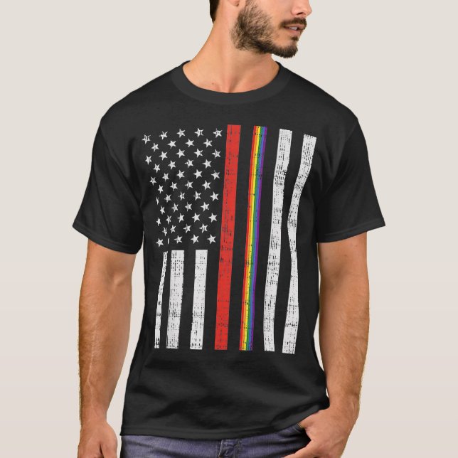 LGBT Thin Red Line Rainbow America Flag Gay Firefi T-Shirt (Front)