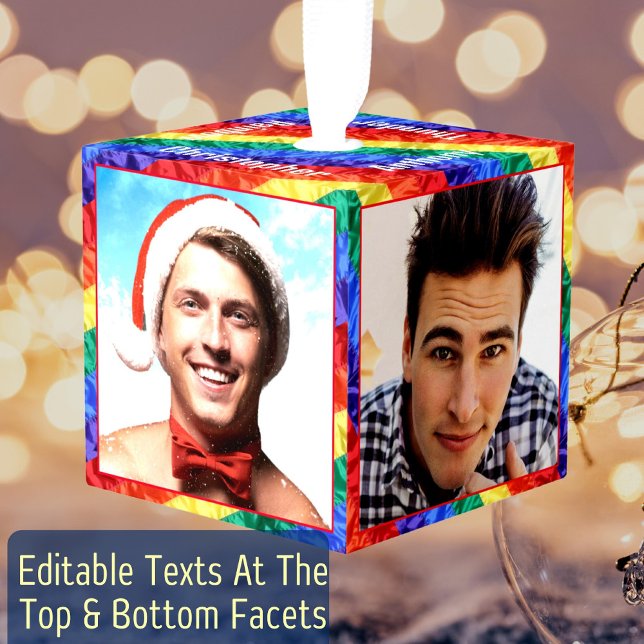 LGBTQ 4 Photo Rainbow Frame Custom Text Gay Family Cube Ornament (Creator Uploaded)