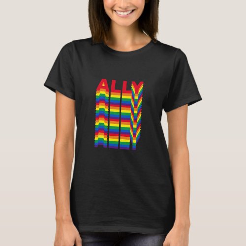 LGBTQ Ally rainbow retro pattern gay pride cool T_Shirt
