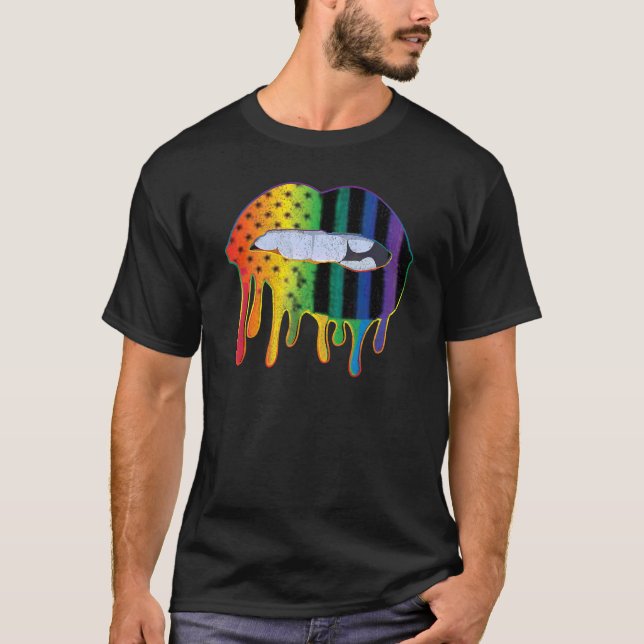 Lgbtq American Flag Pattern Lips Rainbow Gay Pride T-Shirt (Front)