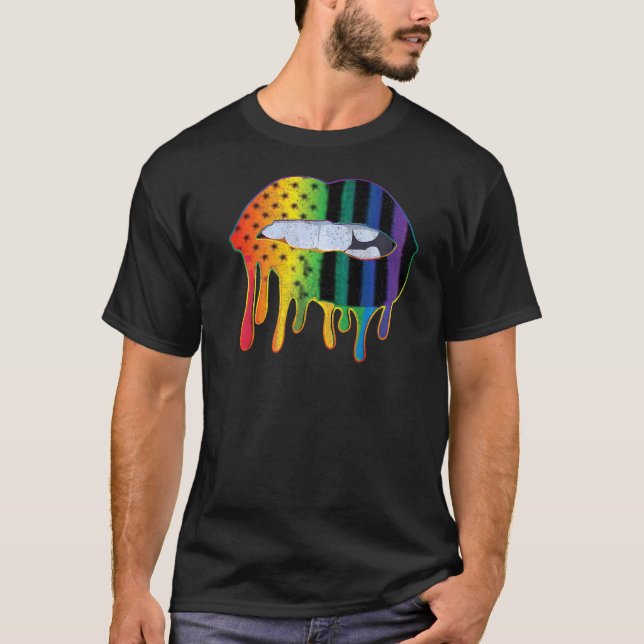 Lgbtq American Flag Pattern Lips Rainbow Gay Pride T-Shirt (Front)