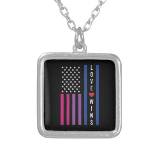 LGBTQ Bisexual Pride Love Wins USA American Flag Silver Plated Necklace