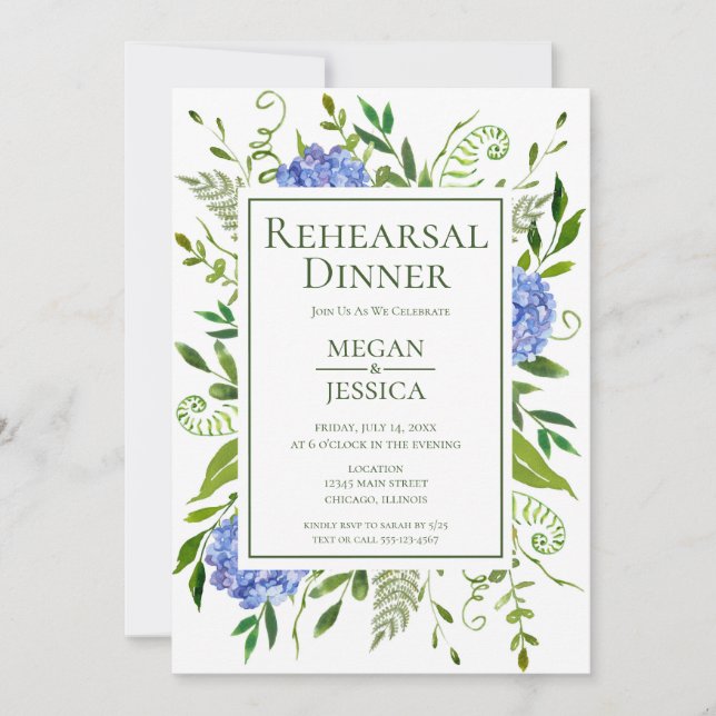 LGBTQ Blue Hydrangeas Floral Rehearsal Dinner Invitation (Front)