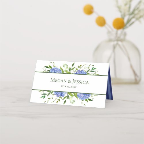 LGBTQ Blue Hydrangeas Floral Wedding Place Card