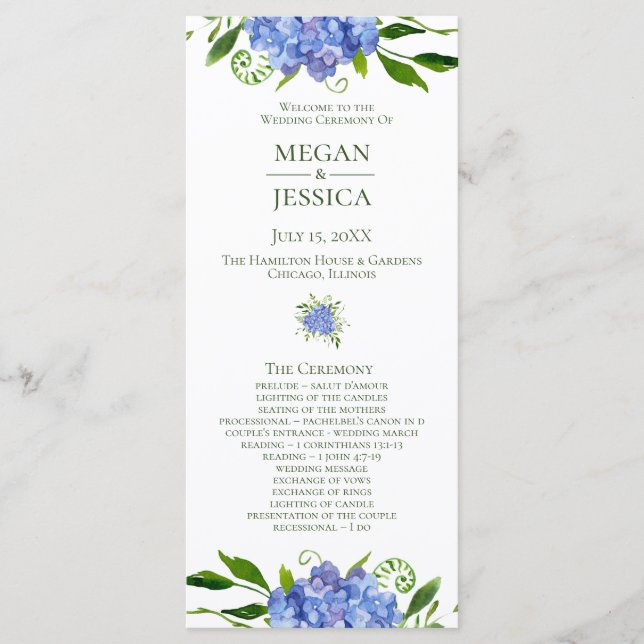LGBTQ Blue Hydrangeas Floral Wedding Program (Front)