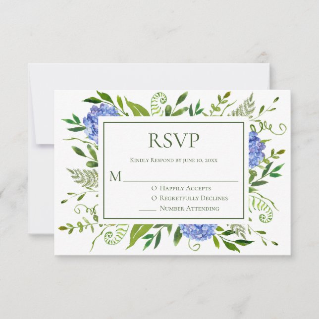 LGBTQ Blue Hydrangeas Floral Wedding RSVP Card (Front)