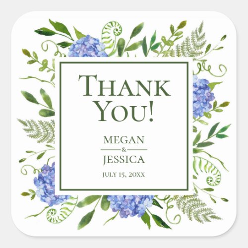 LGBTQ Blue Hydrangeas Floral Wedding Thank You Square Sticker