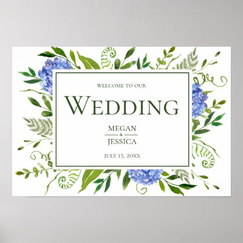 LGBTQ Blue Hydrangeas Floral Wedding Welcome Sign