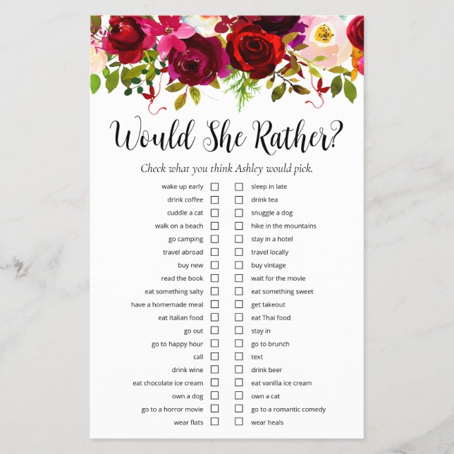 LGBTQ Burgundy Floral Bridal Shower Games Flyer (Front)