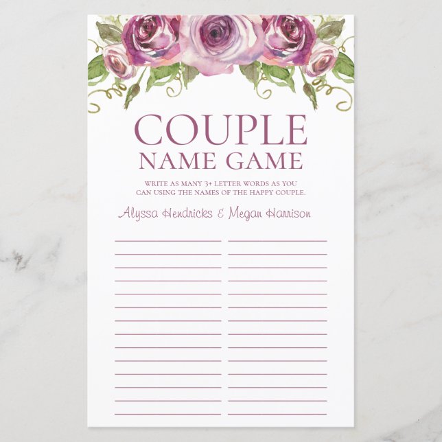 LGBTQ Couple Name Game Purple Roses (Front)