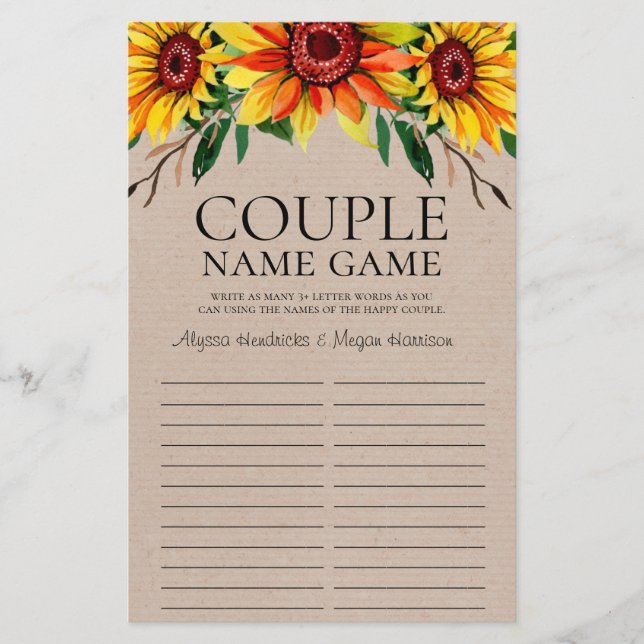 LGBTQ Couple Name Game Rustic Sunflowers (Front)