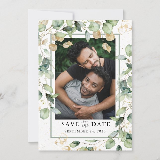 LGBTQ Eucalyptus Gold Photo Save The Date (Front)