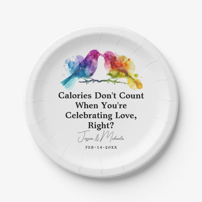 🌈 LGBTQ+  funny Rainbow Lovebirds Paper Plates (Front)