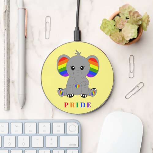 LGBTQ gay pride _ cute elephant with rainbow flag Wireless Charger