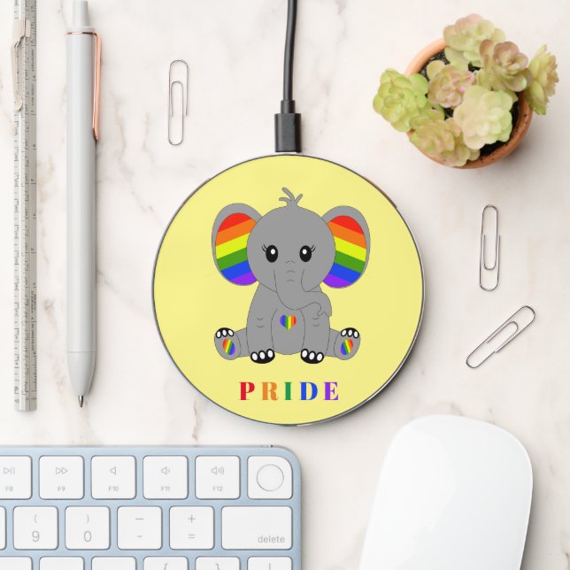 LGBTQ gay pride - cute elephant with rainbow flag Wireless Charger (Desk)