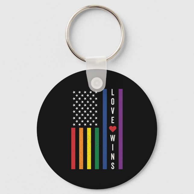 LGBTQ Gay Pride Love Wins USA American Flag Keychain (Front)