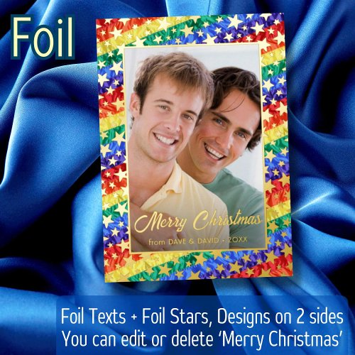 LGBTQ Gay Rainbow Flag Stars Merry Christmas Photo Foil Holiday Card