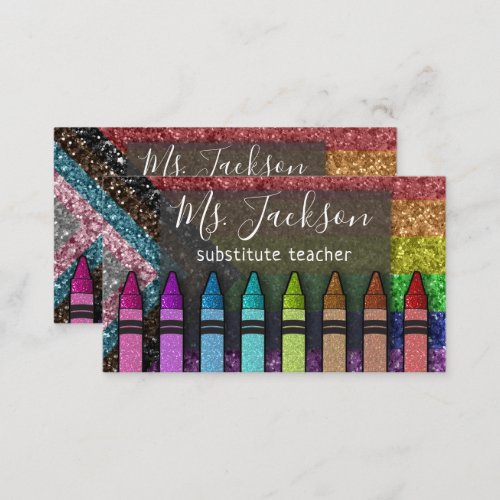 LGBTQ Glitter Teacher Name Rainbow Crayons Business Card