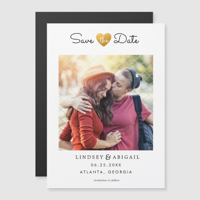 LGBTQ Gold Heart Save the Date with Photo Magnetic Invitation (Front/Back)