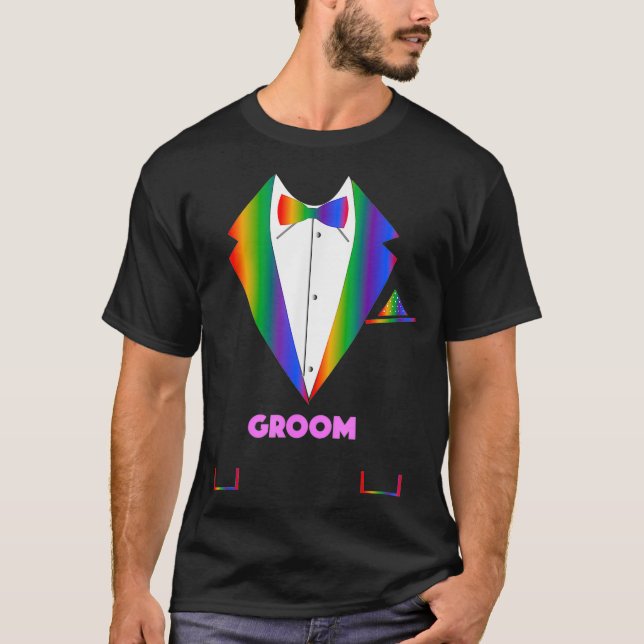 LGBTQ Groom   Tuxedo Rainbow Gay Pride Lesbian Wed T-Shirt (Front)