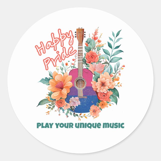 LGBTQ Happy Pride, Retro Guitar & Flowers, Bi Classic Round Sticker (Front)