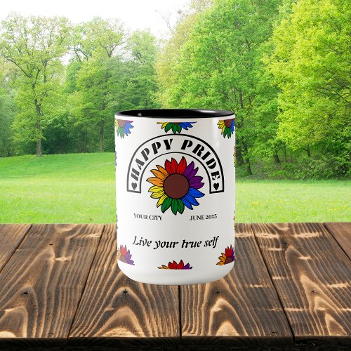 LGBTQ Happy Pride Sunflower in Rainbow Colors Two_Tone Coffee Mug