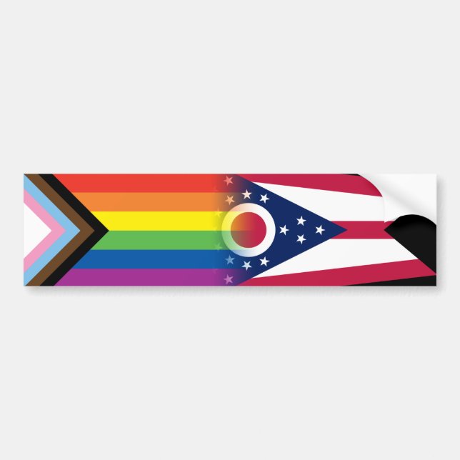 LGBTQ Inclusive Progress Pride Flag Ohio Flag Bumper Sticker (Front)