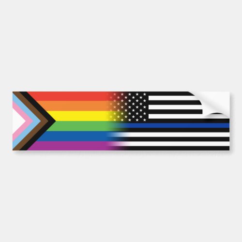 LGBTQ Inclusive Progress Pride Flag Thin Blue Line Bumper Sticker