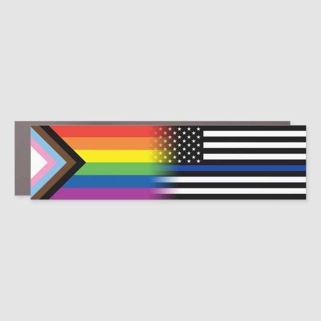 LGBTQ Inclusive Progress Pride Flag Thin Blue Line Car Magnet (Front)