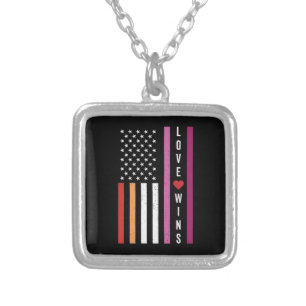 LGBTQ Lesbian Pride Love Wins USA American Flag Silver Plated Necklace