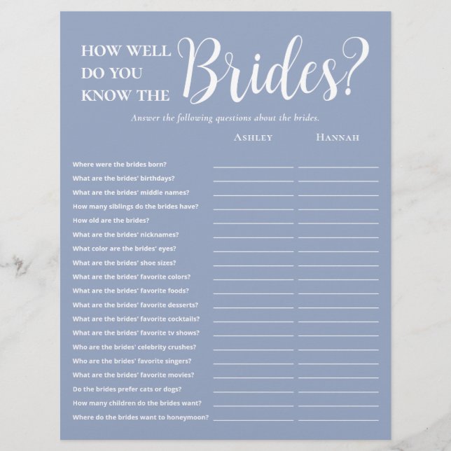 LGBTQ Modern Dusty Blue 2 Sided Bridal Shower Game Flyer (Front)