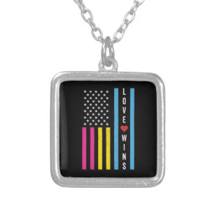 LGBTQ Pansexual Pride Love Wins USA American Flag Silver Plated Necklace